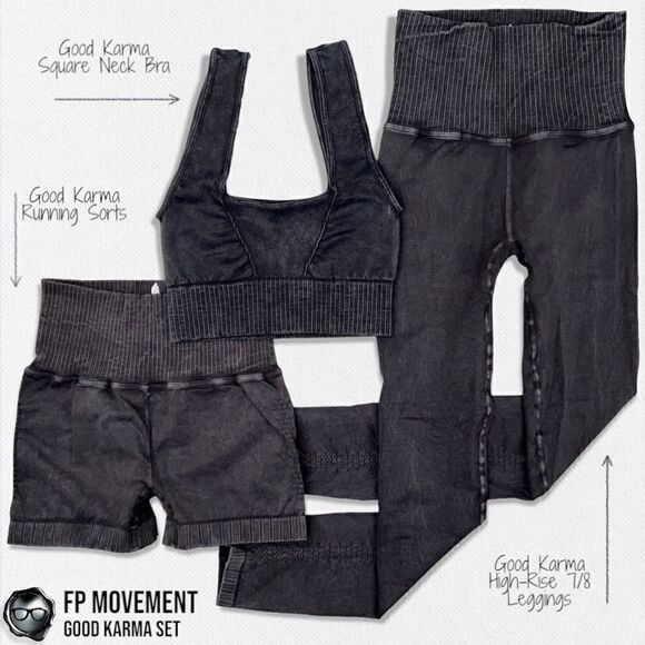 FP MOVEMENT GOOD KARMA SET: SQUARE NECK BRA + RUNNING SHORTS + LEGGINGS IN BLACK - Picture 1 of 16